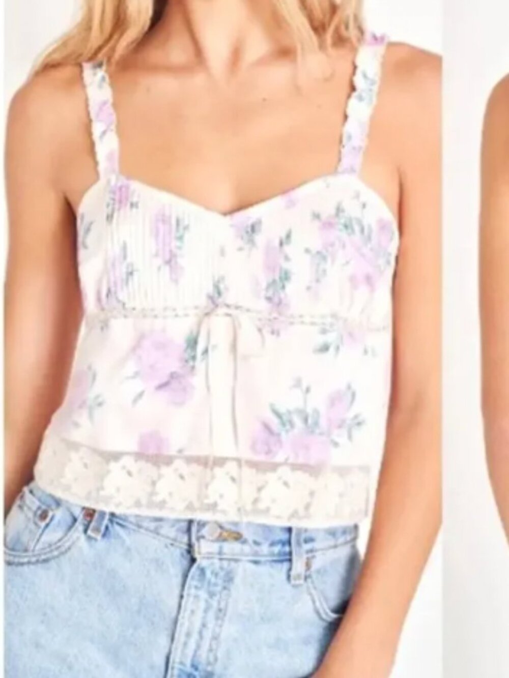 LOVESHACKFANCY Lanzo Tank Top Crop Lace Floral Print Mauve Rose